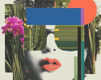 Mid-Century Modern Abstract Woman Canvas Print, Tropical Botanical Collage Wall Art, Contemporary Portrait Midcentury Jungle for Living Room