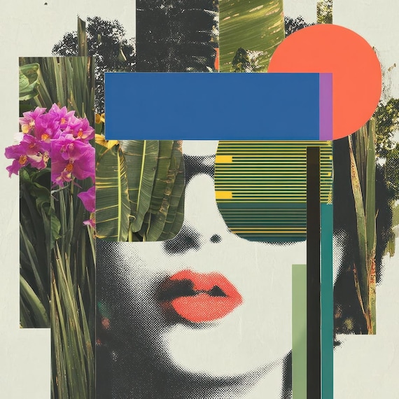 Mid-Century Modern Abstract Woman Canvas Print, Tropical Botanical Collage Wall Art, Contemporary Portrait Midcentury Jungle for Living Room