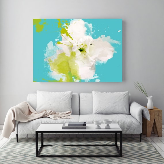 Sea Breeze. Floral Painting, White Aqua Green Abstract Art, Large Abstract Colorful Contemporary Canvas Art Print up to 72" by Irena Orlov