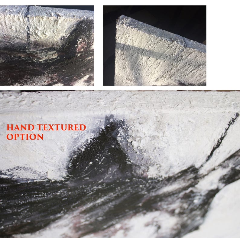 May include: Close-up of a black and white abstract painting with a hand-textured surface. The painting has a thick layer of white paint that has been applied in a textured manner, creating a rough and uneven surface. The text "HAND TEXTURED OPTION" is visible in the bottom left corner of the image.