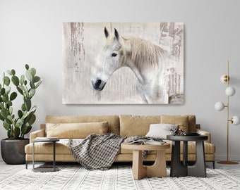 Witte rustieke boerderij paard olieverf schilderij op canvas, wit paard portret 72 H X 50 "W, gerold