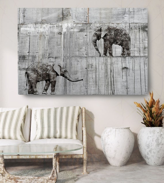 Walking Elephants 4 Canvas Art Large Canvas, Elephant Canvas Art Print, Black Rustic Elephant Wall Art Print up to 81" by Irena Orlov