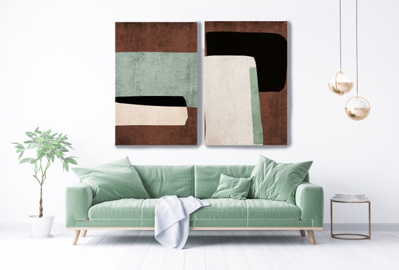 Green Brown Modern Shapes Wall Art Set of 2, Mid Century Modern Art Shapes Mid Century Modern Canvas Print Minimalist Large  art DIPTYCH