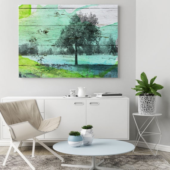 Shade Tree. Huge Rustic Landscape Painting Canvas Art Print, Extra Large Green Blue Canvas Art Print up to 80" by Irena Orlov
