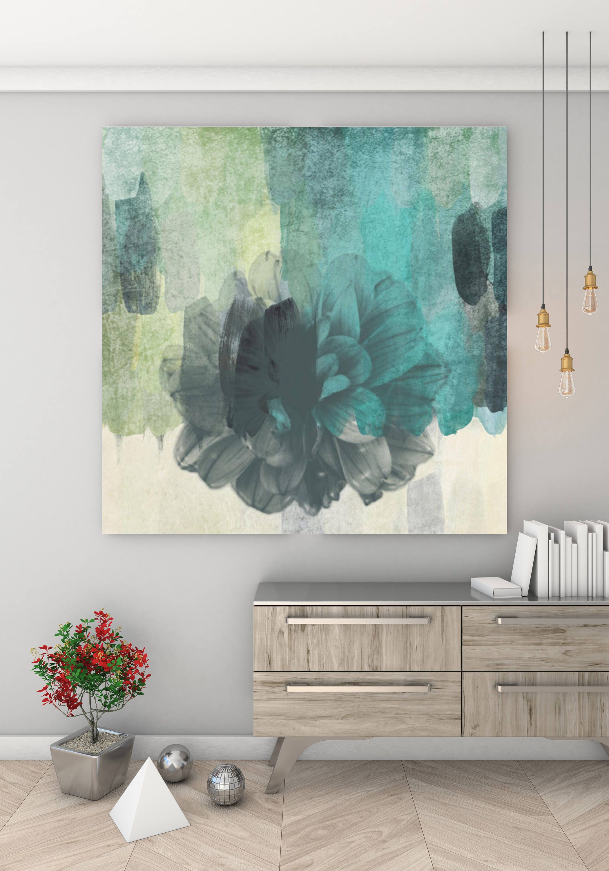 Floral Beauty, Green Rustic Abstract Floral Canvas Art Print, Gray Teal ...