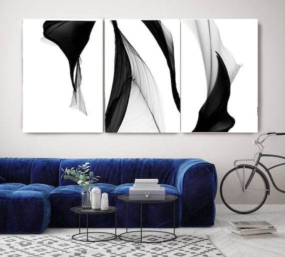 Black and White Flow Contemporary TRIPTYCH canvas art prints-3 panels Stretched Canvas Wall Art, Canvas Art Print, Abstract Black Wall Decor