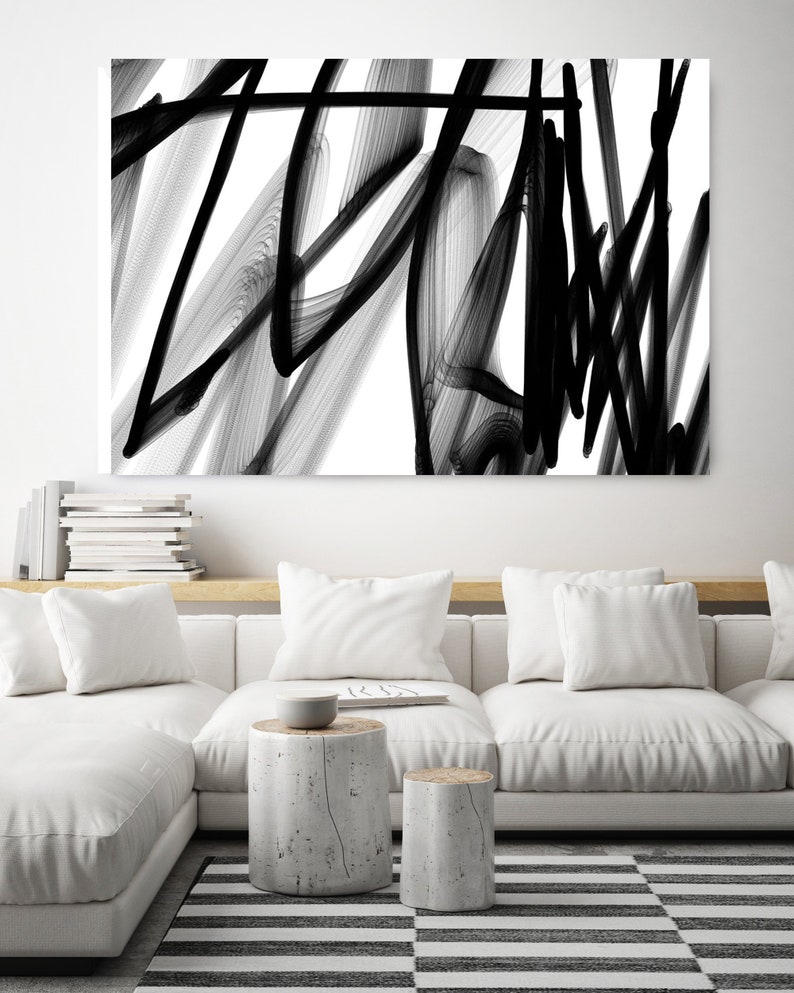 The Wind. 40H x 60W Original New Media Abstract Black White Painting on Canvas, Unique, Minimalist Large Abstract Painting, INVEST IN ART image 1