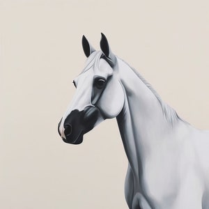 May include: A white horse with a black patch on its face, looking to the left. The horse is painted in a realistic style against a light beige background.
