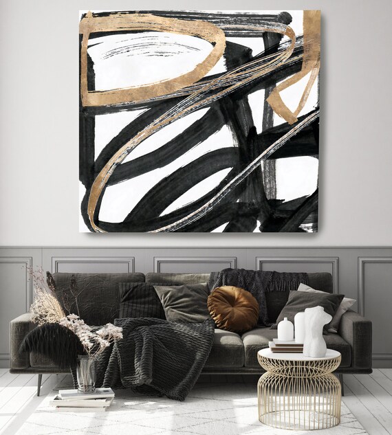 Black Beige Lines Abstract Artwork, Living Room Art, Modern Line Art, Oversized Canvas Print OR546, Black Beige Swirl Art, Neutral Line Art