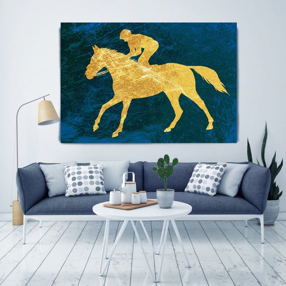 Blue Gold Horse Art, Jockey 2. Extra Large Gold Blue Horse Canvas Art Print, Blue Gold Rustic Horse, Equine Art, Horse Wall Decor, Abstract