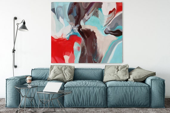 Deep Inside, Huge Turquoise Red Blue Brown Abstract Modern Canvas Art Print, Wall Art Decor, Canvas Painting Print up to 50" by Irena Orlov