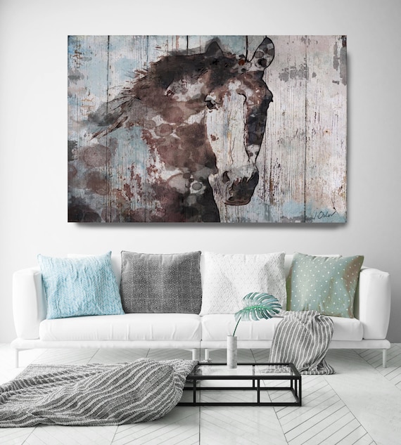 Wild Blue Horse Extra Large Horse Wall Decor, Brown Rustic Horse Large Horse Portrait Canvas Art Print Abstract Horse, Equine Art, Horse