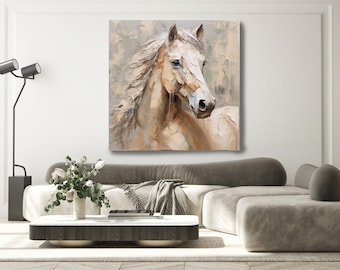 May include: A painting of a white horse with a light brown mane and tail. The horse's head is turned to the side, and its eyes are closed. The background is a light brown color with brushstrokes.