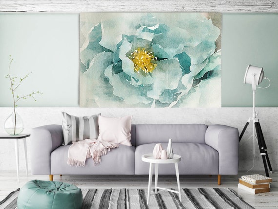 Aqua Green Dream. Floral Painting, Aqua Floral Art, Teal Watercolor Painting Canvas Print Still Life Watercolor Art Teal Wall Decor