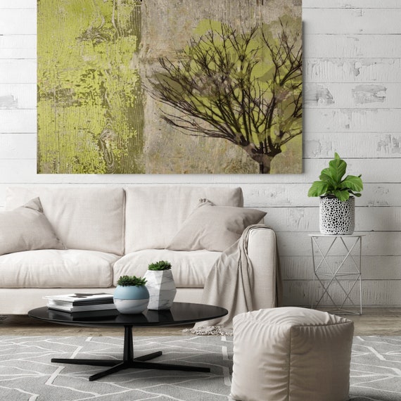 Tree at Twilight. Huge Rustic Landscape Painting Canvas Art Print, Extra Large Beige Green Brown Canvas Art Print up to 80" by Irena Orlov