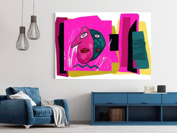 Contemporary Cubist 1, Cubist Abstract Canvas Art Print Colorful Abstract Canvas Art Pink Abstract Picasso inspired artwork Ivan Irena Orlov