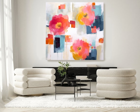 Abstract Color Block Floral Collection 2, Abstract Muted Blue Flower Painting Print On Canvas, Large Wall Art Modern Floral Art Print