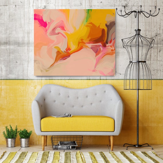 Orange petals, Abstract Painting Extra Large Abstract Hand Painted Acrylic Painting Pink Yellow Contemporary Canvas Print