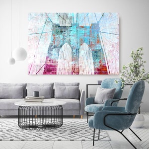 Brooklyn Bridge in Blue and Red, Cityscape Art, Urban Art, City Wall Art, Blue Red Brooklyn Bridge New York Wall Art Canvas Art Print