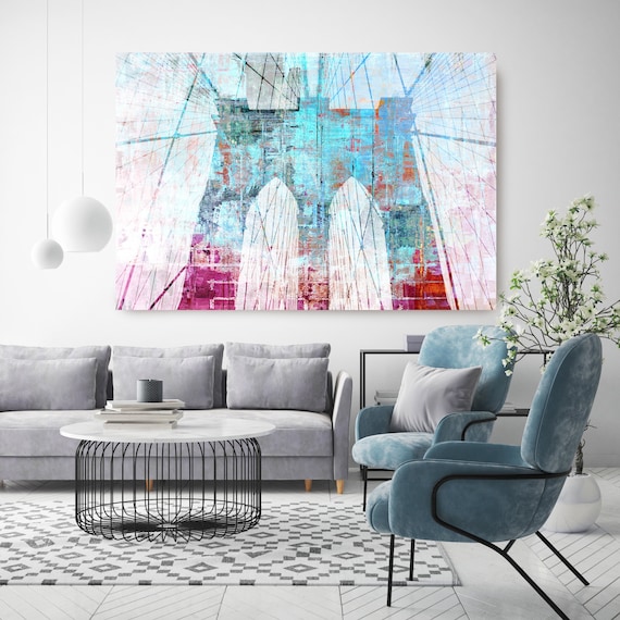 Brooklyn Bridge in Blue and Red, Cityscape Art, Urban Art, City Wall Art, Blue Red Brooklyn Bridge New York Wall Art Canvas Art Print