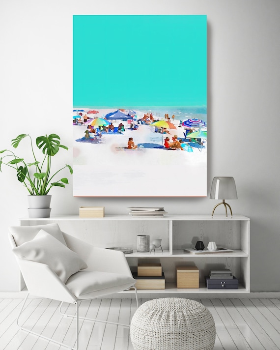 Contemporary Coastal 1-1, Swimming Painting Canvas Print, Summer Art, Coastal Art, Beach Decor, Beach Umbrellas, Coast Painting Canvas Print