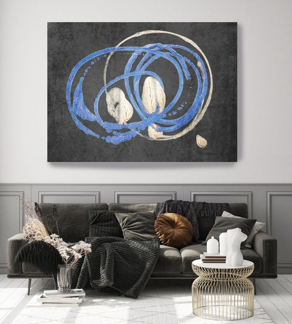 Blue Circles Gold Dots 2. Modern Wall Art | Abstract Gold Blue Canvas Print | Large Wall Art | Large Abstract Canvas | Big Navy Blue Print