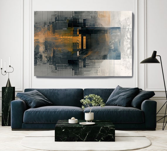 Abstract Algorithms-3, Black Blue Copper Abstract Painting Print on Canvas, Abstract Art, Contemporary Living Room Decor, Office Wall Art