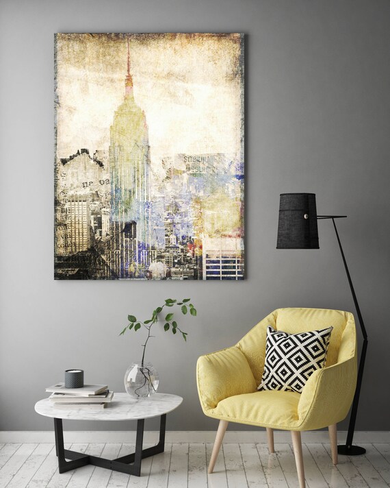 New York City, Empire State Building II. Extra Large Industrial Cityscape Rustic Light Green Canvas Wall Art Print up to 72" by Irena Orlov