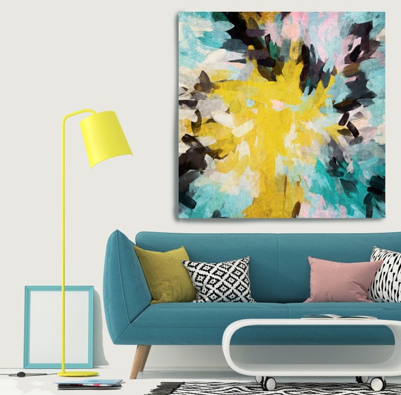Yellow Aqua Abstract Painting, Beautiful Abstract Art, Modern Wall Decor, Large Canvas Art Print, Turquoise Canvas Art, We are in summer