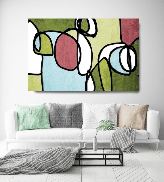 Vibrant Colorful Abstract-0-2. Midcentury Modern Green Pink Canvas Art Print, Mid Century Modern Canvas Art Print up to 72" by Irena Orlov