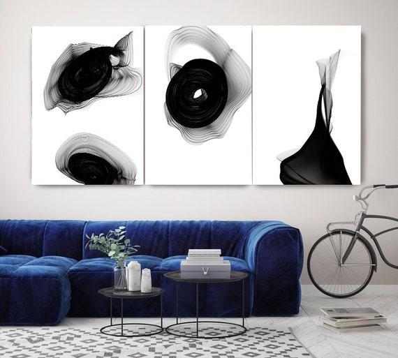 Black and White Contemporary Minimalist TRIPTYCH canvas art prints-3 panels Stretched Canvas Art Canvas Art Print, Abstract Black Wall Decor