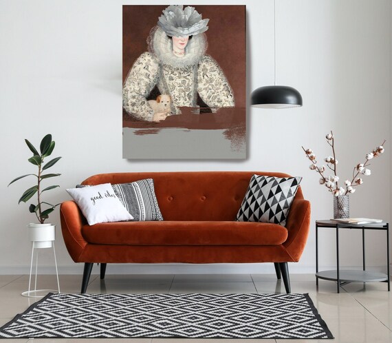 Modern Touch, Portrait of a Lady, Altered, Lady with Dog, Canvas Art Print, Lady Portrait, Baroque Wall Art