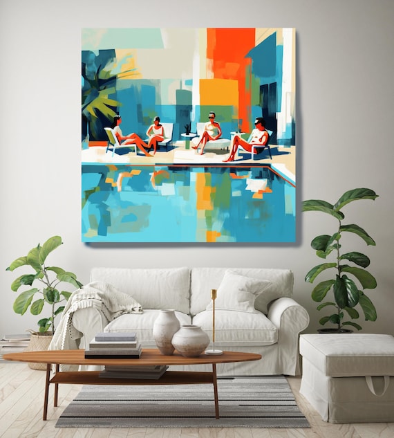 Poolside Paradise 60, Abstract Figurative Painting People in Pool, Pool Painting Expressive Canvas Print, Gift for her, Gift for Him