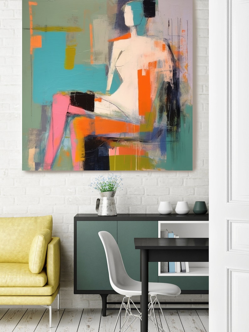 May include: Abstract painting of a nude figure sitting on a chair with a colorful background. The painting is done in a modern style with bold colors and geometric shapes.