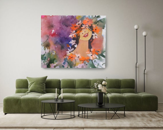 Flowers in her hair 3, Maya Green Woman with Flowers abstract watercolor painting print, Woman Canvas, Flower Wall Art, Abstract woman Print