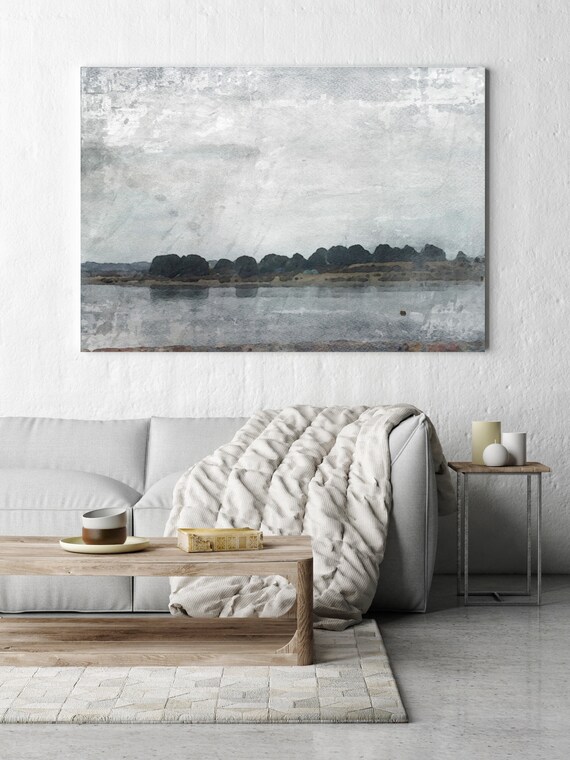 Mysterious foggy morning in the lake, Beach Decor, Coastal Wall Canvas Art, Grey Black & White, Sea Canvas Print 80" by Irena Orlov