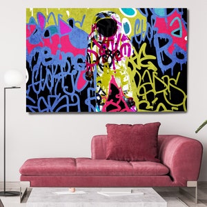 Colorful Astronaut Graffiti Art, Space Art, Graffiti Wall Art Space Art Print on Canvas, Large Canvas Print, Astronaut Graffiti Canvas Print
