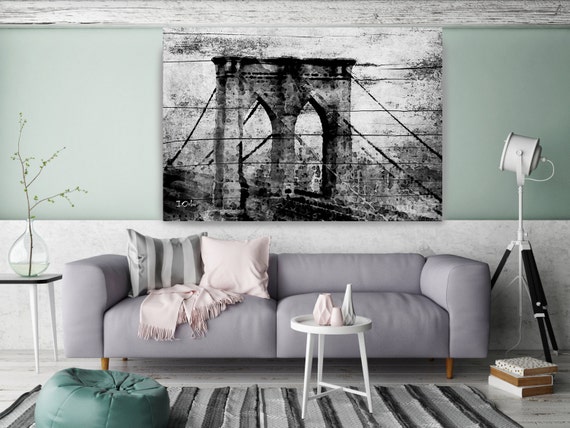 Brooklyn Bridge. Extra Large Rustic Urban Canvas Art Print up to 80". Cityscape wall decor. BW Rustic Canvas Wall art by Irena Orlov