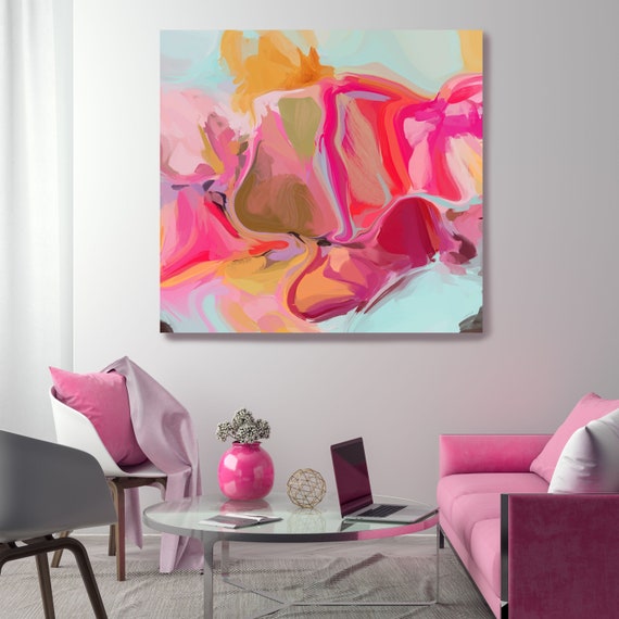 Pink Yellow Abstract Fine Art Canvas, Abstract Art, Contemporary Art, Modern Hot Pink Painting, Expressionism Canvas Print,  The wind moves