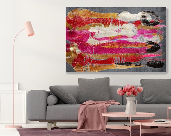 Pink Gold Reflection, Gold Hot Pink, Abstract Painting  Modern Art Abstract Painting Extra Large Painting Extra Large Abstract Canvas Print