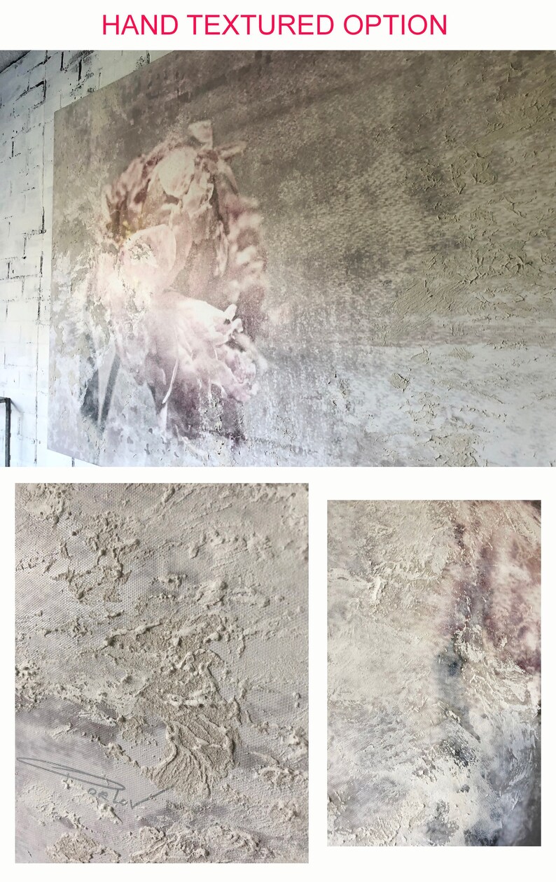 May include: Large, hand-textured canvas art piece with a floral design in muted tones. The artwork features a rough, layered texture, with the words "HAND TEXTURED OPTION" in red at the top. The overall color palette is neutral, with shades of gray and white.