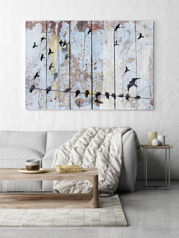 Spring birds. Rustic Blue White Canvas Art Prints