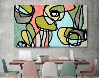 Mid-Century Modern Green Blue Canvas Art Print Mid Century Grote canvas art Abstract schilderij print, Levendige Kleurrijke Abstract-0-15.