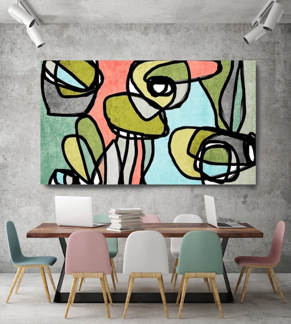 Mid-Century Modern Green Blue Canvas Art Print Mid Century Large canvas art Abstract painting print, Vibrant Colorful Abstract-0-15.