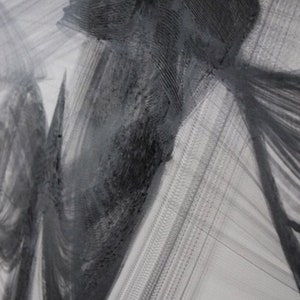 May include: Abstract black and white painting with swirling lines and textures. The painting has a minimalist style and is created with a brush.