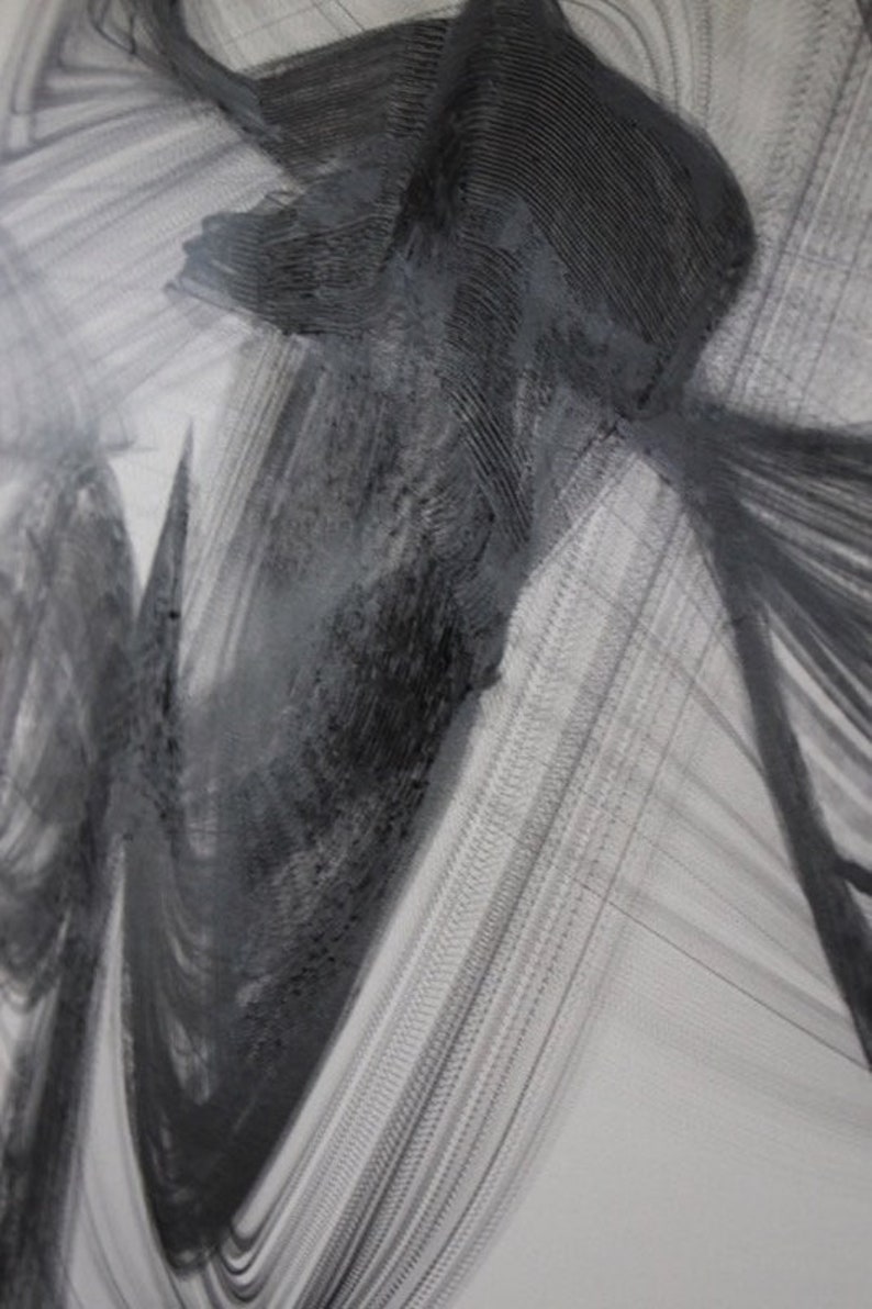 May include: Abstract black and white painting with swirling lines and textures. The painting has a minimalist style and is created with a brush.