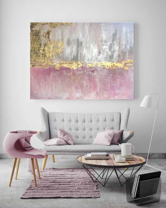 Gold Pink Abstract Original Painting on Canvas 48 x 36", Gold Pink Silver Glitter Abstract Art, Irena Orlov Original Painting