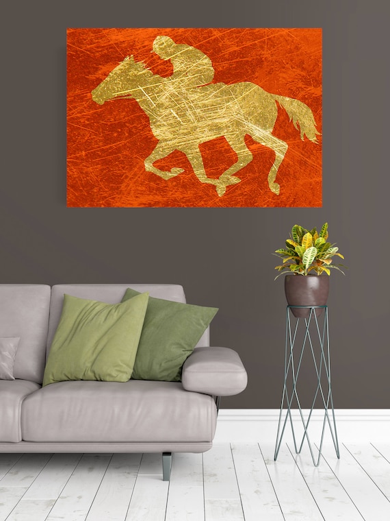 Jockey. Extra Large Gold Red Horse Canvas Art Print, Red Gold Rustic Horse, Large Contemporary Canvas Art Print up to 72" by Irena Orlov