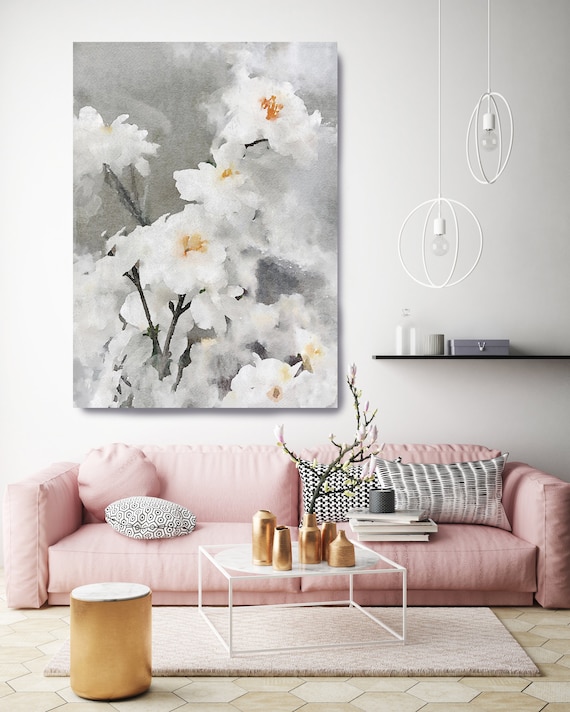 Dreamy Flowers. Floral Painting, Modern, Contemporary, Floral White Silver, Flowers Painting Canvas Print, Large Art for Living Room