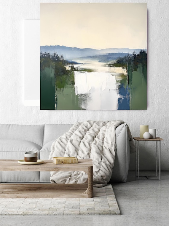 Wooded Contours-2. Huge Rustic Landscape Painting Canvas Art Print, Extra Large Green Beige Canvas Art Print, Landscape Painting, Scenic Art